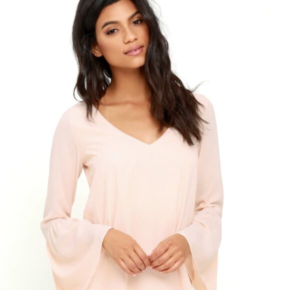 Lulus Far Wanderings Peach Long Bell Sleeve Shift Dress XS - Picture 1 of 4